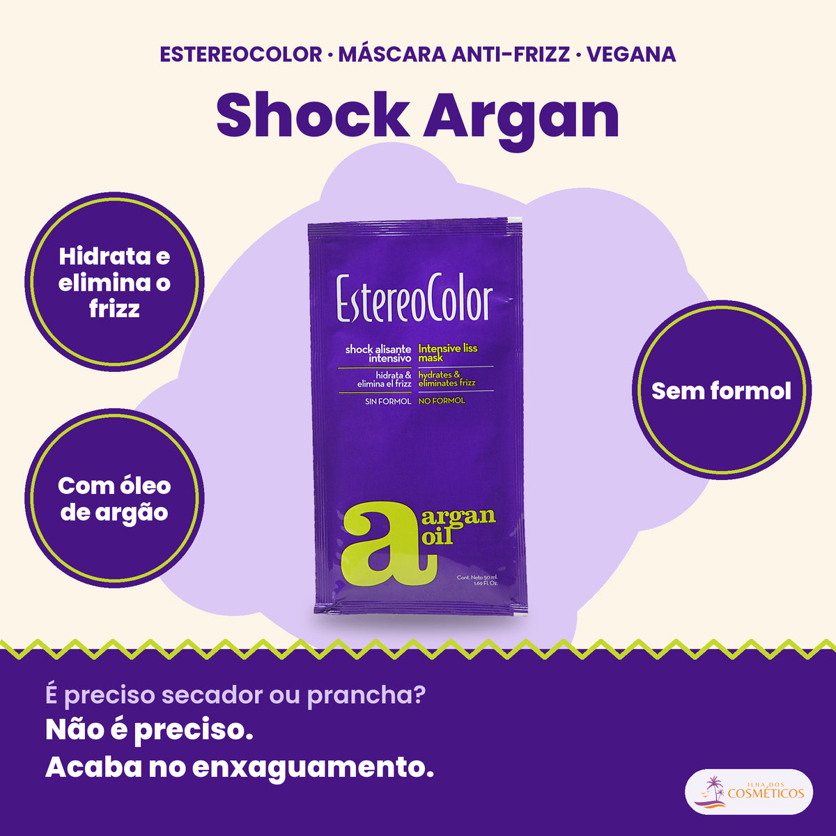 Estereocolor Shock Argan 50 ml: hidrata e elimina o frizz, com óleo de argão, sem formol