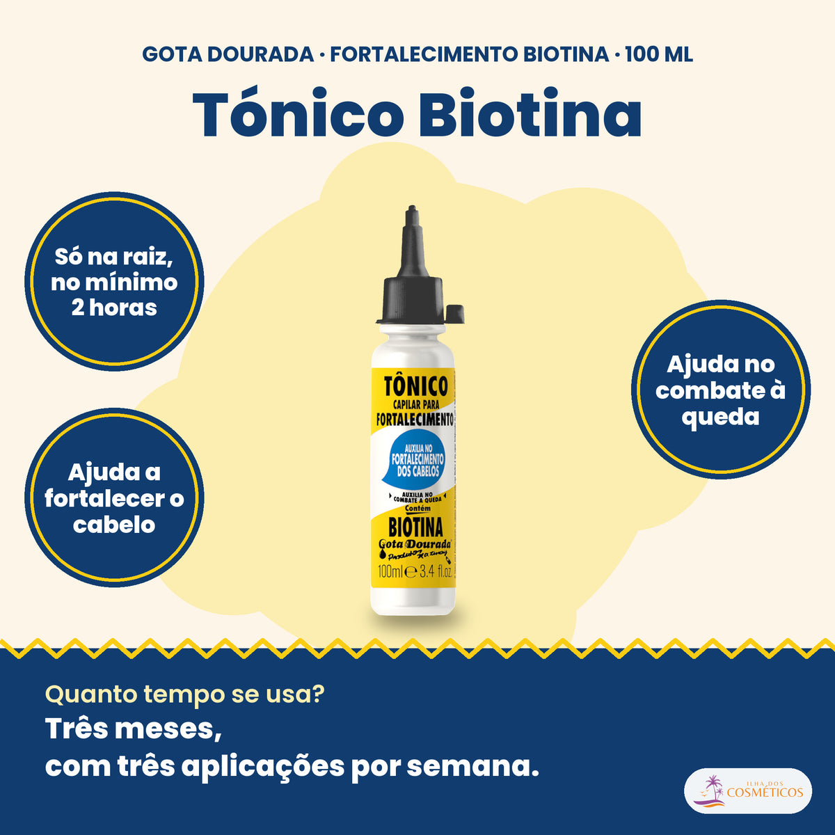 Gota Dourada Tónico Fortalecimento Biotina 100 ml: só na raiz, no mínimo 2 horas, ajuda a fortalecer o cabelo e ajuda no combate à queda
