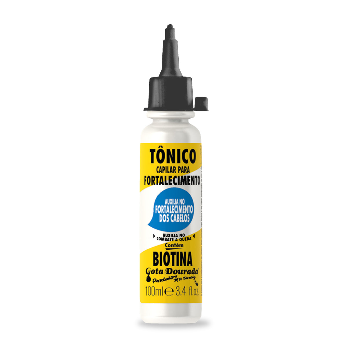 Gota Dourada Tónico Capilar para Fortalecimento com Biotina 100 ml, frente do frasco