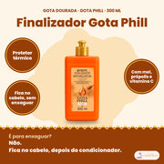 Gota Dourada Finalizador Gota Phill 300 ml: protetor térmico, fica no cabelo, sem enxaguar, com mel, própolis e vitamina C