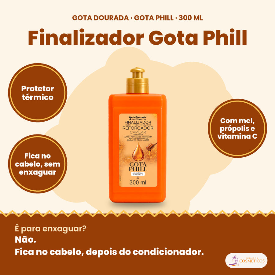 Gota Dourada Finalizador Gota Phill 300 ml: protetor térmico, fica no cabelo, sem enxaguar, com mel, própolis e vitamina C