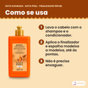 Como se usa o Gota Dourada Finalizador Gota Phill 300 ml: lava o cabelo com o shampoo e o condicionador, aplica o finalizador e espalha madeixa a madeixa, até às pontas e não é preciso enxaguar