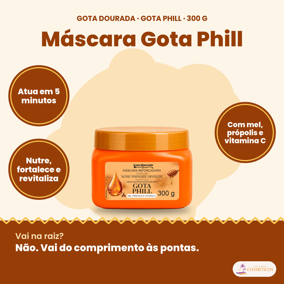 Gota Dourada Máscara Gota Phill 300 g: atua em 5 minutos, nutre, fortalece e revitaliza, com mel, própolis e vitamina C