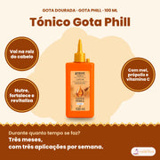 Gota Dourada Tónico Gota Phill 100 ml: vai na raiz do cabelo, nutre, fortalece e revitaliza, com mel, própolis e vitamina C