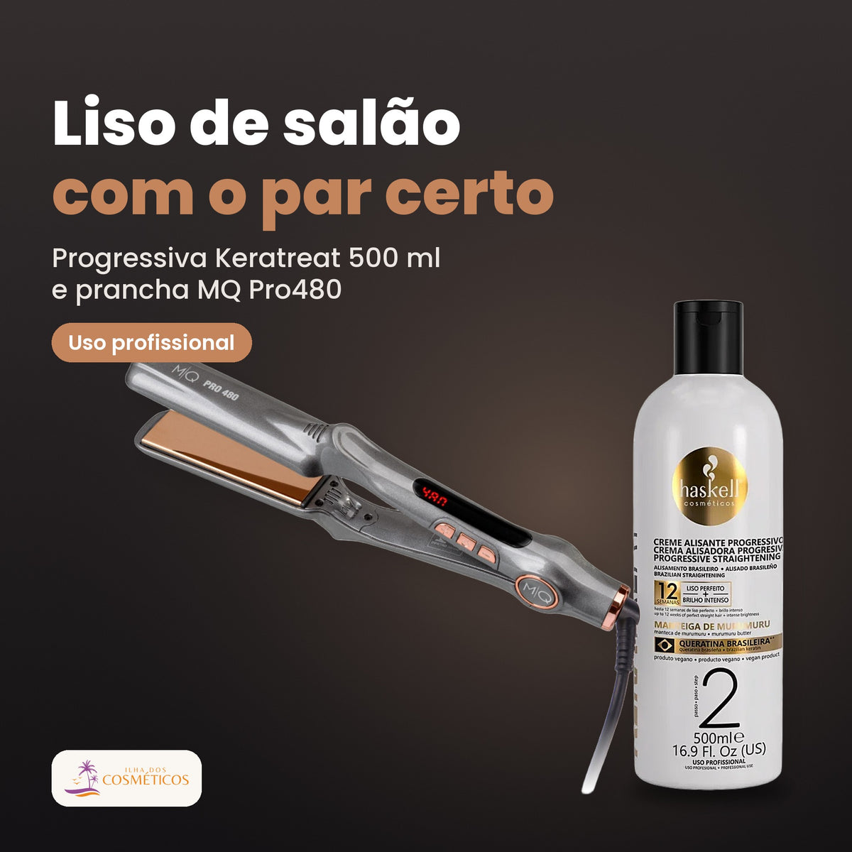 Pack de progressiva Haskell Keratreat 500 ml e prancha MQ Pro480, para uso profissional