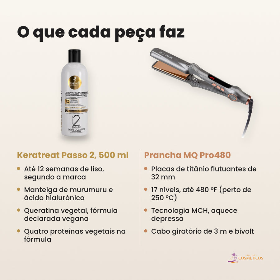 O que fazem a progressiva Keratreat Passo 2 500 ml e a prancha de titânio MQ Pro480