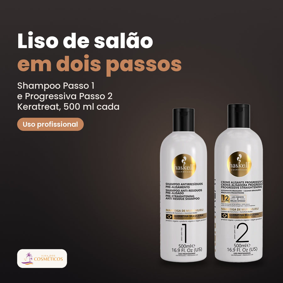 Pack Haskell Keratreat 500 ml: shampoo antirresíduos Passo 1 e creme alisante progressivo Passo 2, para uso profissional