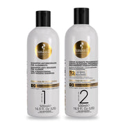 Haskell Keratreat Pack Progressiva e Shampoo 500ml, o shampoo Passo 1 e a progressiva Passo 2 de frente sobre fundo branco