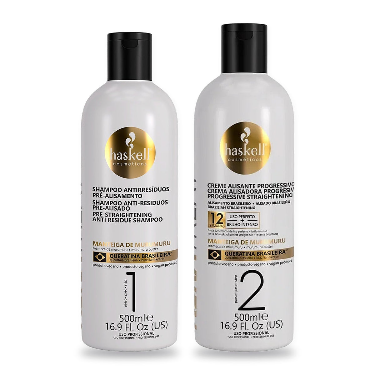 Haskell Keratreat Pack Progressiva e Shampoo 500ml, o shampoo Passo 1 e a progressiva Passo 2 de frente sobre fundo branco