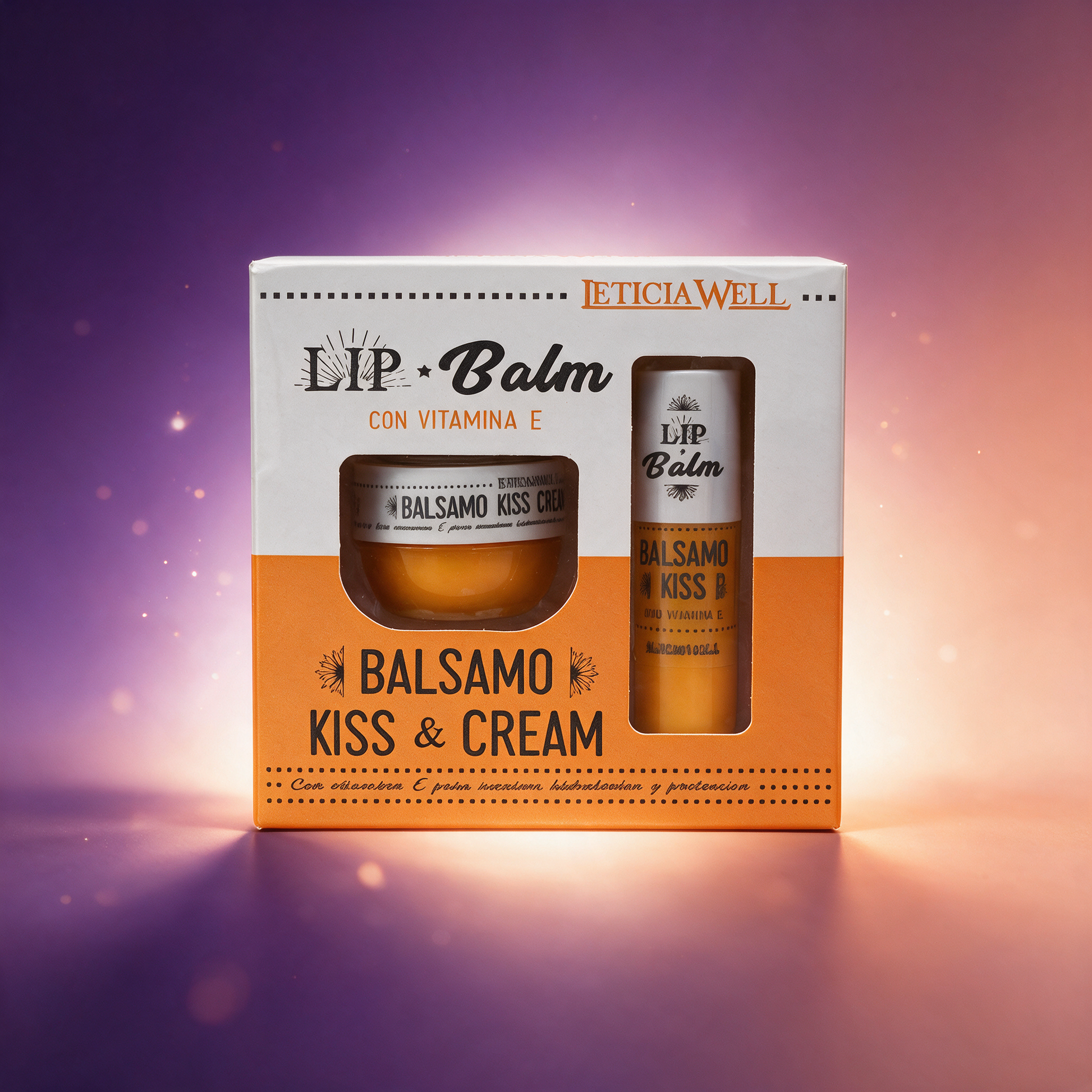 Leticia Well Bálsamo Labial Kiss & Cream com Vitamina E — ambiente premium com as cores da marca