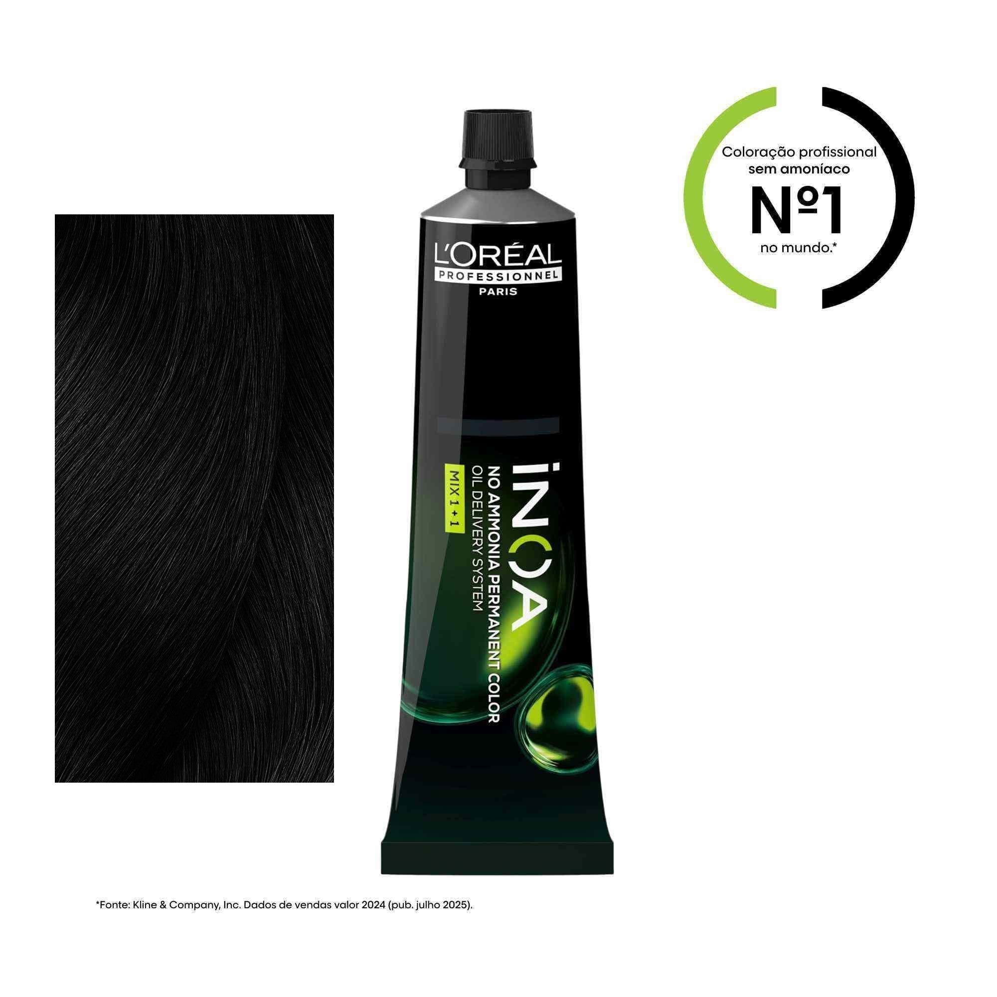 Coloração iNOA tom 1: amostra da cor junto à bisnaga de 60 ml