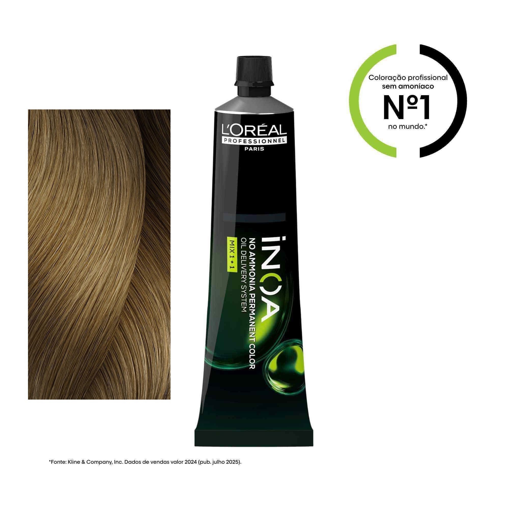 Coloração iNOA tom 8.3: amostra da cor junto à bisnaga de 60 ml