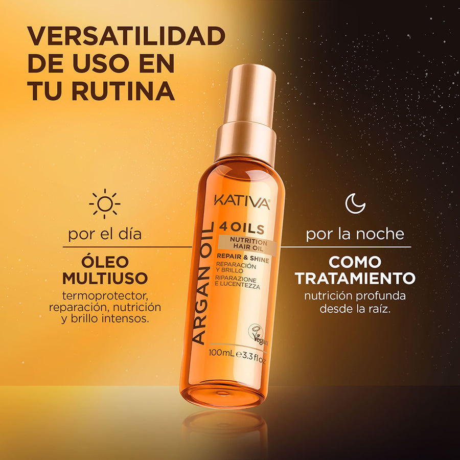 Kativa Argan Oil 4 Oils Óleo Capilar Reparação e Brilho: usos de dia e de noite