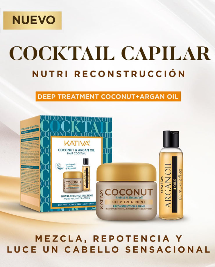 Kativa Hair Cocktail Coconut & Argan Oil Pack Nutri-Reconstrução Máscara 150ml + Óleo: detalhe do produto