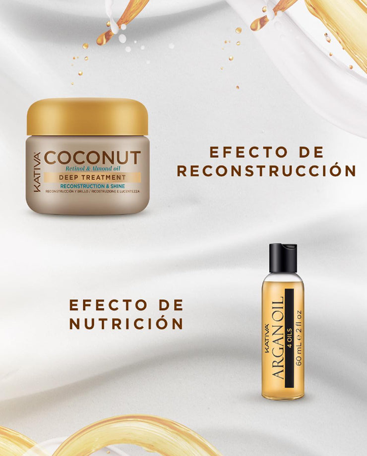 Kativa Hair Cocktail Coconut & Argan Oil Pack Nutri-Reconstrução Máscara 150ml + Óleo: detalhe do produto