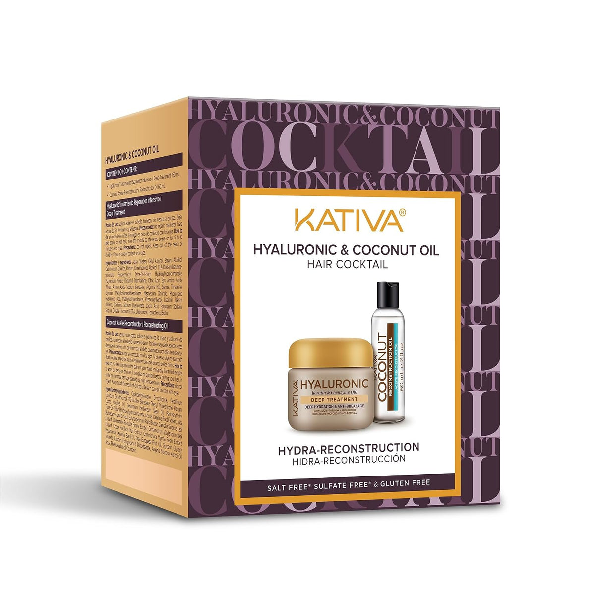 Kativa Hair Cocktail Hyaluronic & Coconut Oil Pack Hidra-Reconstrução Máscara 150ml + Óleo 60ml