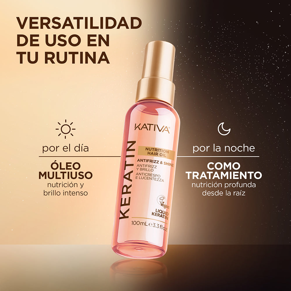 Kativa Keratin Nutrition Hair Oil Óleo Capilar Antifrizz e Brilho: usos de dia e de noite