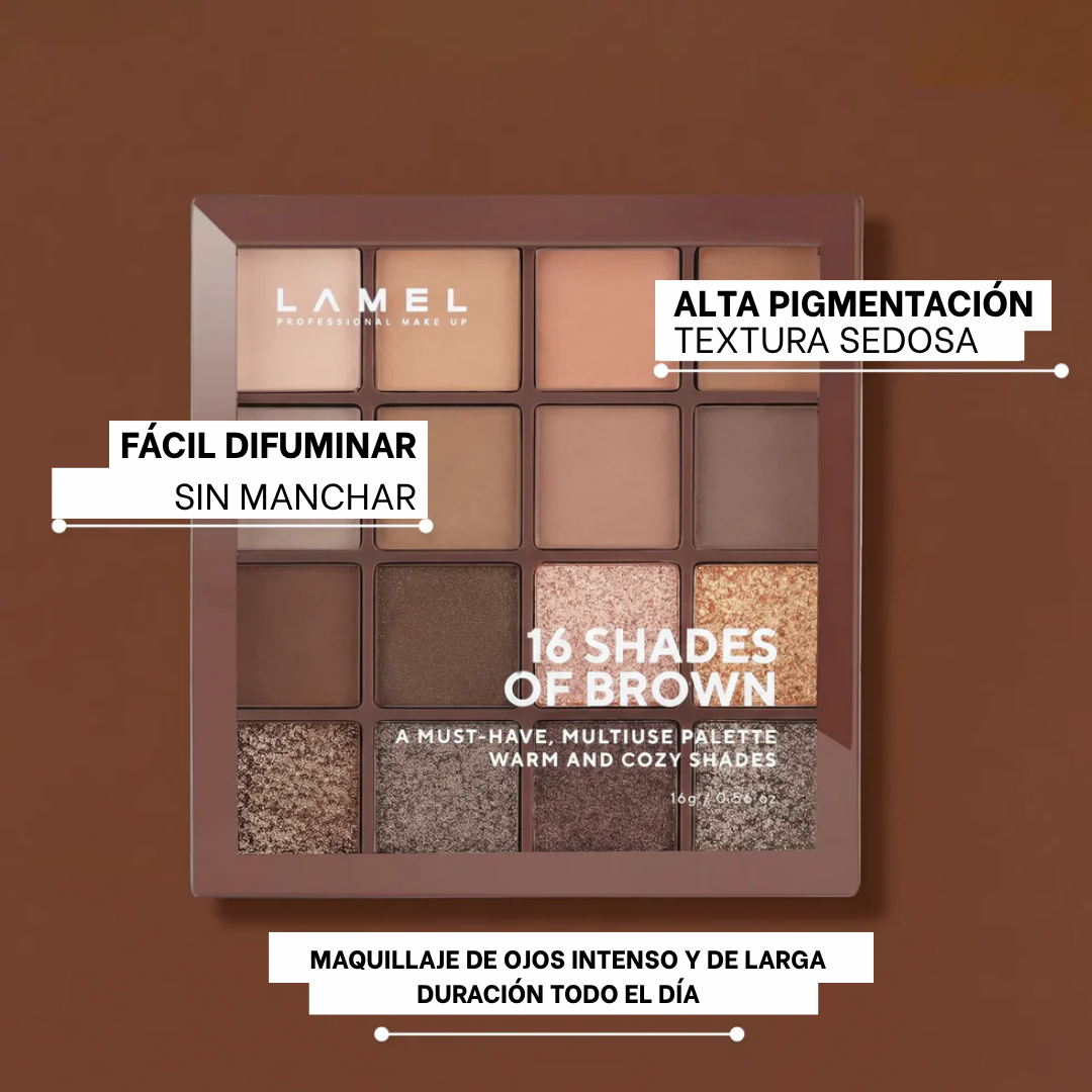 Lamel 16 Shades of Brown Paleta de Sombras em Tons Castanhos 16g, painel da marca com as características