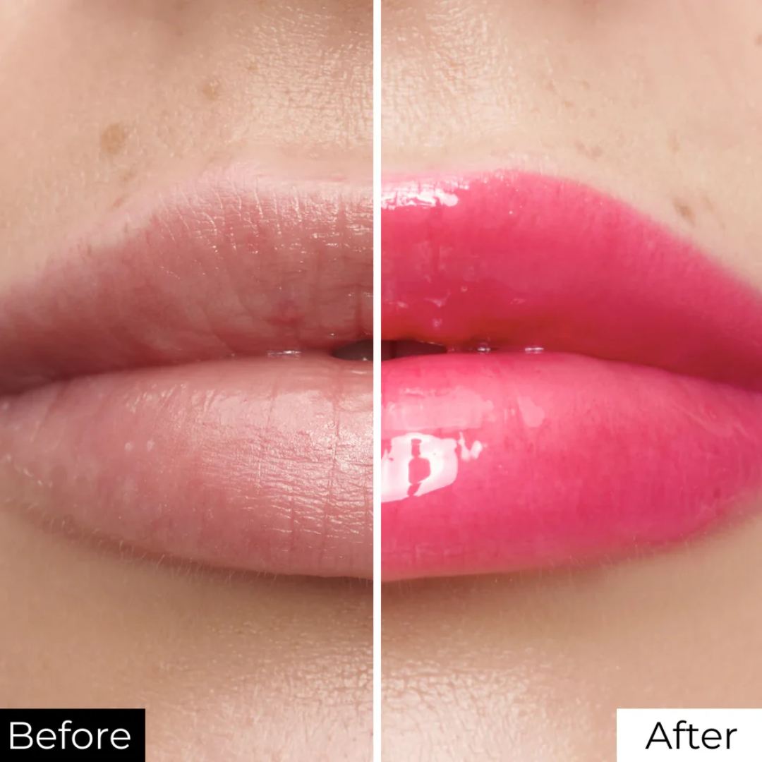 Antes e depois com Lamel All In One Óleo Labial com Cor e Efeito Volume 3ml Nº 401