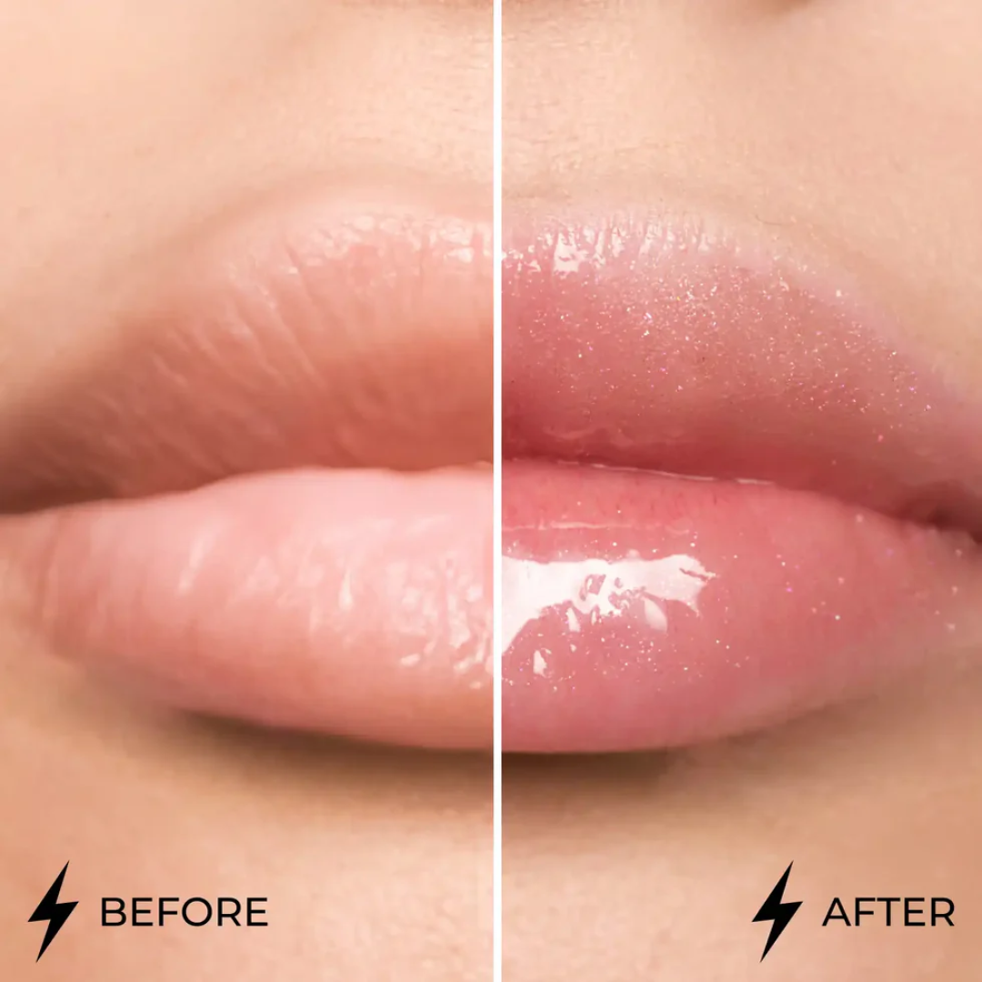 Antes e depois com Lamel Dazzle Glow Gloss Labial de Brilho Espelhado 5ml Nº 401