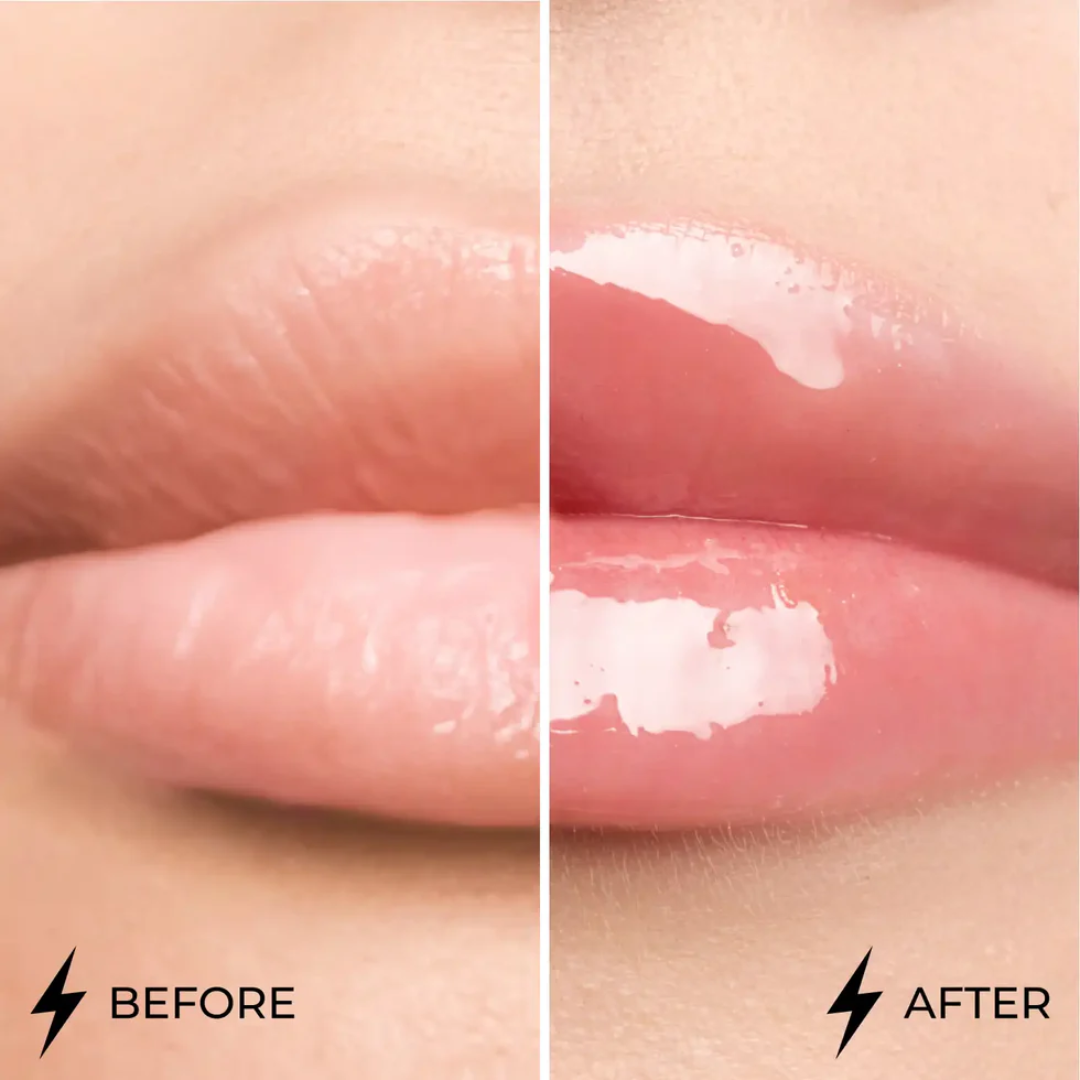 Antes e depois com Lamel Dazzle Glow Gloss Labial de Brilho Espelhado 5ml Nº 402