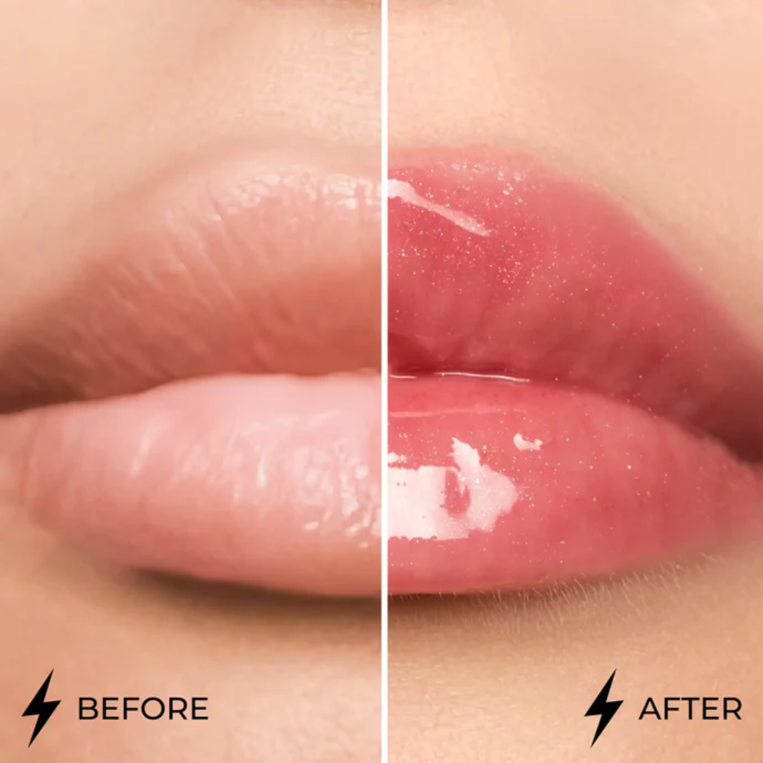 Antes e depois com Lamel Dazzle Glow Gloss Labial de Brilho Espelhado 5ml Nº 404