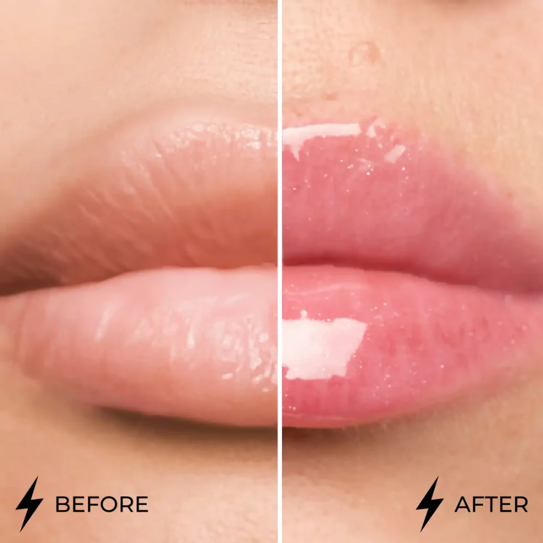 Antes e depois com Lamel Dazzle Glow Gloss Labial de Brilho Espelhado 5ml Nº 405
