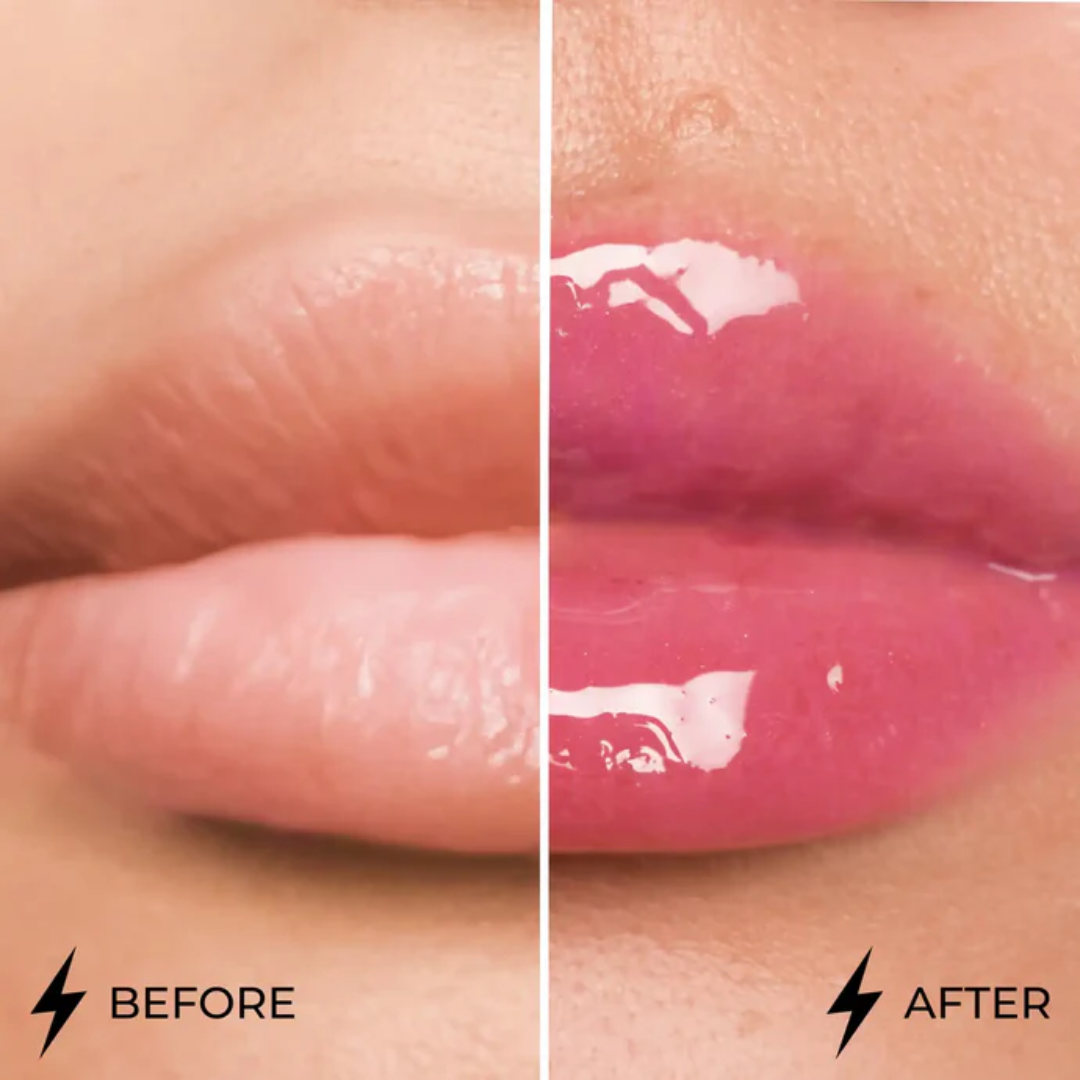 Antes e depois com Lamel Dazzle Glow Gloss Labial de Brilho Espelhado 5ml Nº 406