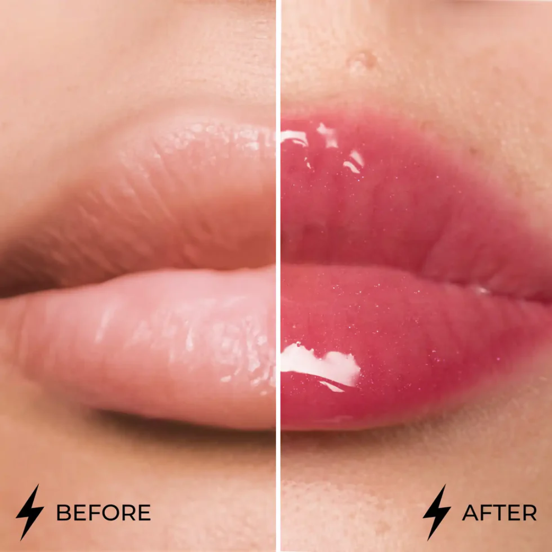 Antes e depois com Lamel Dazzle Glow Gloss Labial de Brilho Espelhado 5ml Nº 407