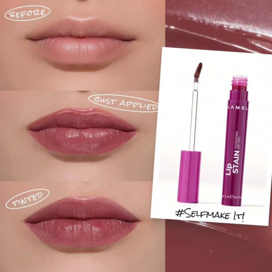 Antes e depois com Lamel Lip Stain Tinta Labial Hidratante com Brilho 2,7ml Nº 01