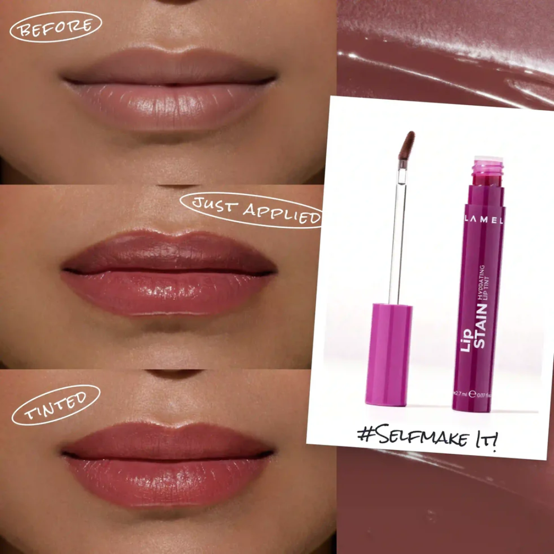 Antes e depois com Lamel Lip Stain Tinta Labial Hidratante com Brilho 2,7ml Nº 02