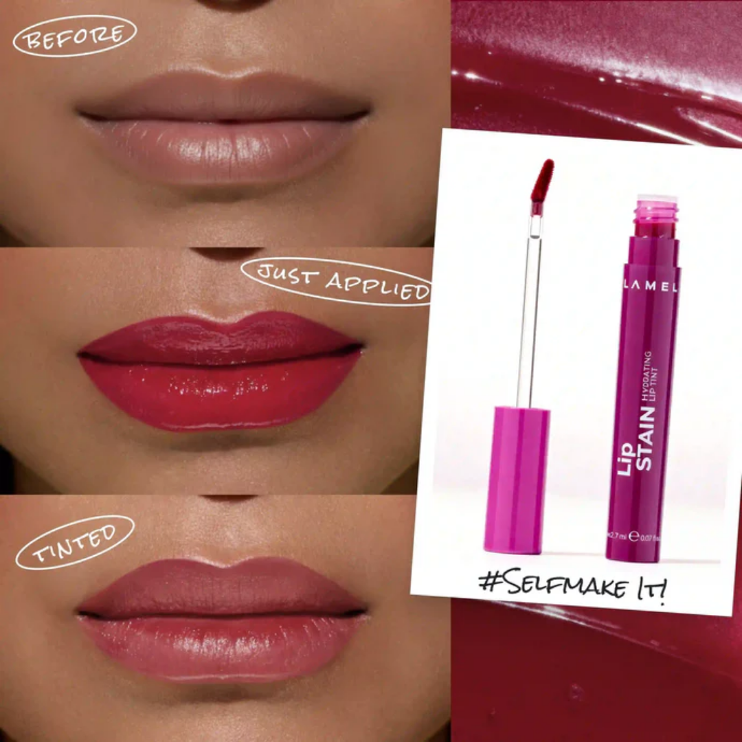 Antes e depois com Lamel Lip Stain Tinta Labial Hidratante com Brilho 2,7ml Nº 04