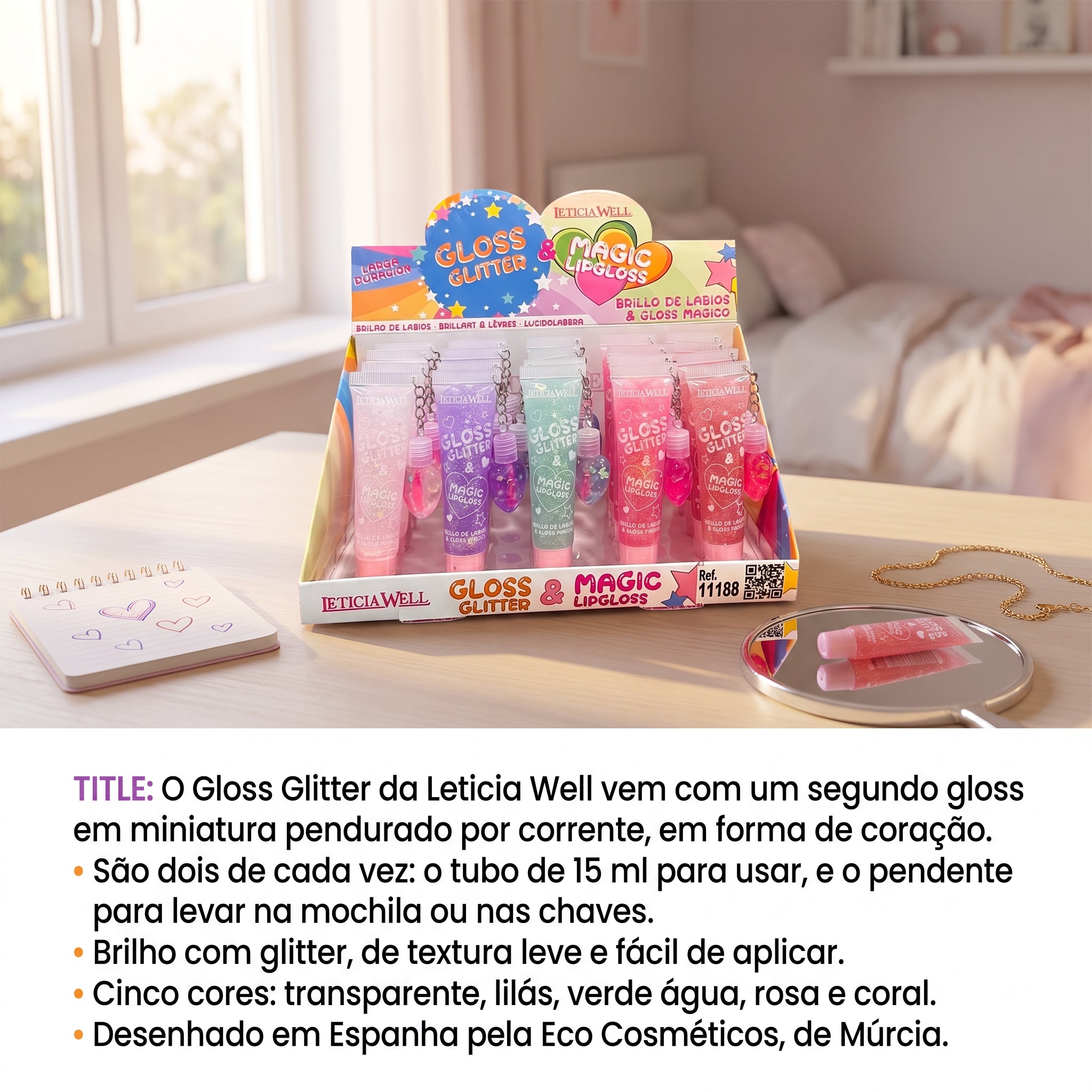 Leticia Well Gloss Glitter e Magic Lipgloss com Pendente Coração 15ml — foto 7