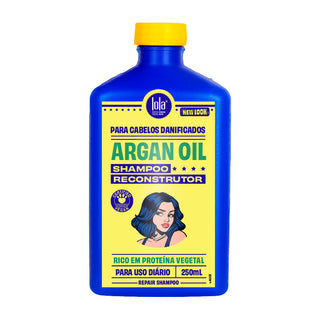 Shampoo Argan Oil Lola Reconstrutor Sem Sulfatos: frasco de 250 ml de frente, rico em proteína vegetal