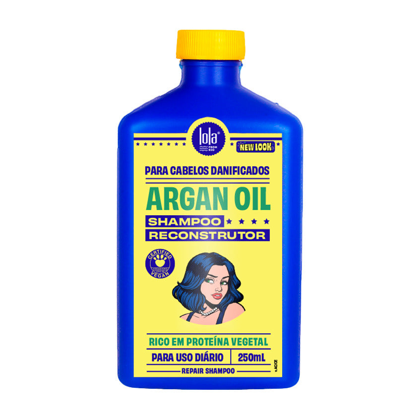 Lola Argan Oil Shampoo Reconstrutor 250ml, frasco azul de tampa amarela, em fundo branco