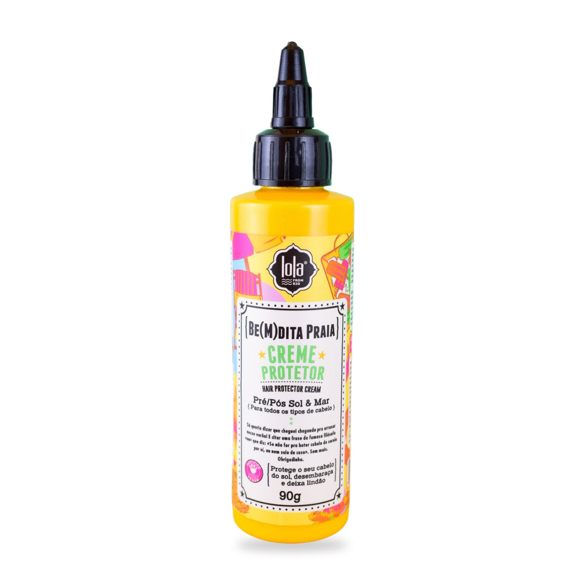 Creme Protetor Capilar Be(M)dita Praia Lola Sol e Mar: o mini de 90 g visto de frente, creme para todos os cabelos