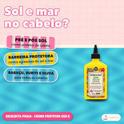 Creme Protetor Capilar Be(M)dita Praia Lola Sol e Mar: apresentação do creme, com o sol e o mar no cabelo