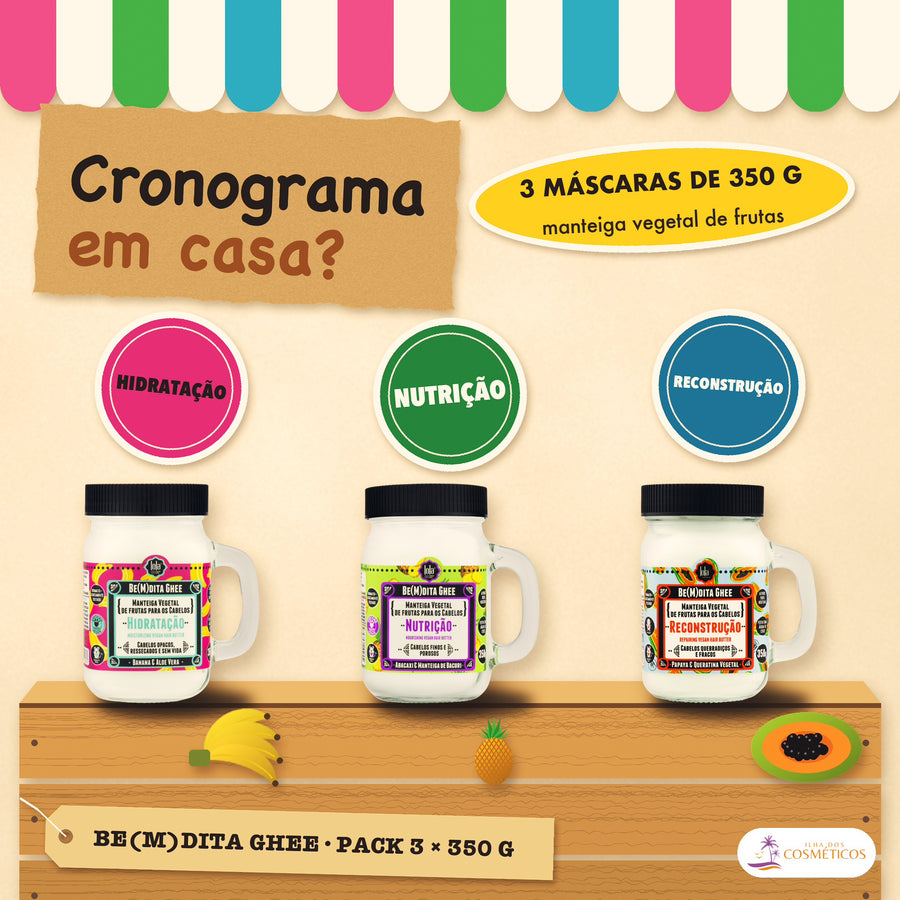 Pack Be(M)dita Ghee Lola Cronograma Capilar: apresentação, as três etapas do cronograma em máscaras de 350 g