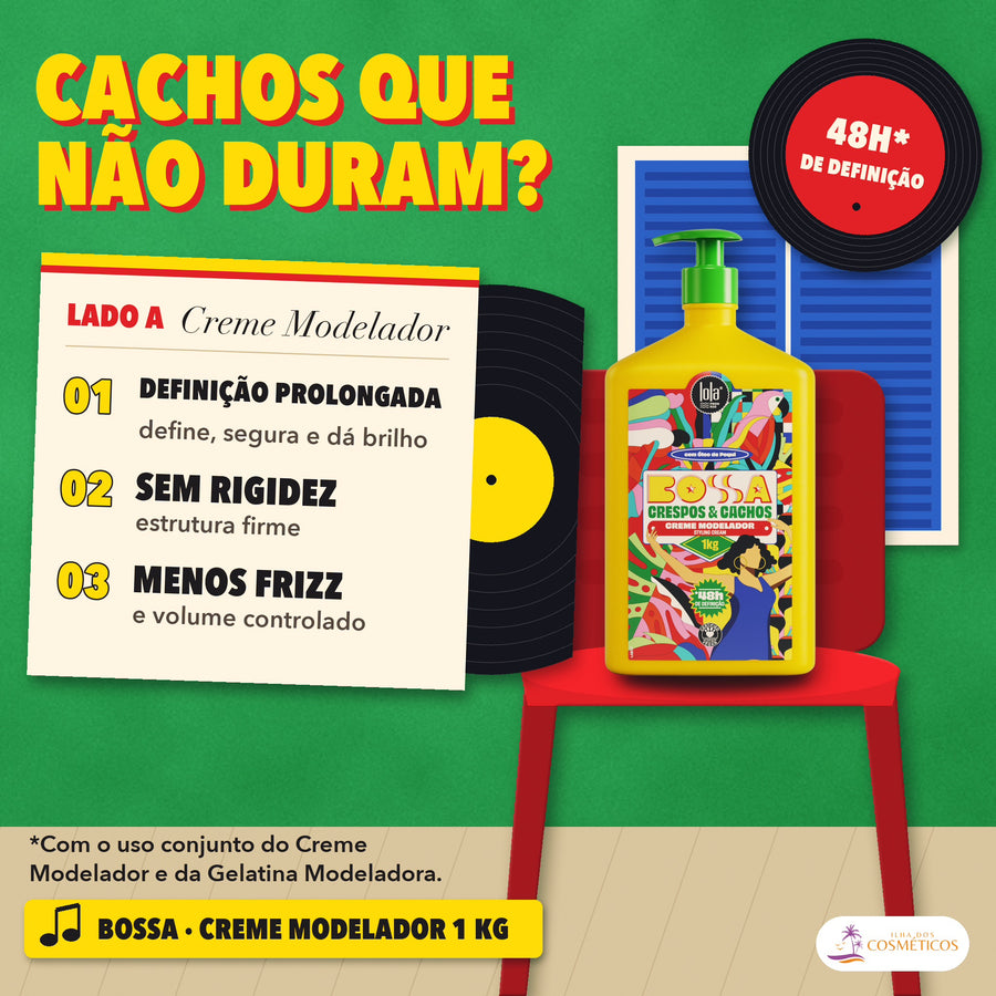 Creme Modelador Bossa Lola Crespos e Cachos: apresentação do frasco de 1 kg, estrutura sem rigidez e 48 horas com a gelatina