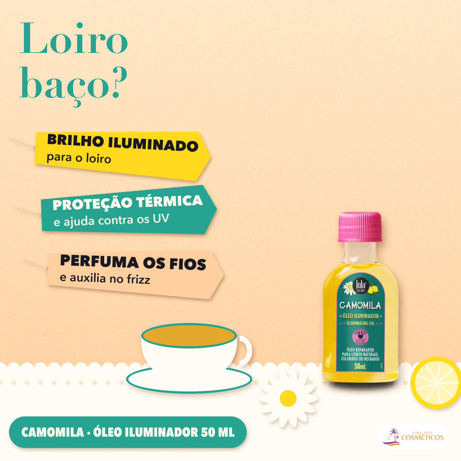 Óleo Camomila Lola Iluminador para Loiros: apresentação, brilho iluminado, proteção térmica e perfume nos fios