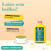 Shampoo Camomila Lola Iluminador para Loiros: apresentação, limpeza suave, loiro iluminado e sempre-viva para a cor