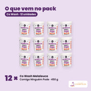 O que vem no pack: doze potes de Co Wash Melaleuca Comigo Ninguém Pode de 450 g, arrumados sobre fundo liso.