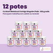 Pack de 12 potes de Co Wash Melaleuca Comigo Ninguém Pode de 450 g da Lola From Rio, empilhados. Para quem trabalha com cabelo ou revende.
