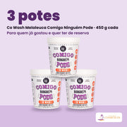 Pack de 3 potes de Co Wash Melaleuca Comigo Ninguém Pode de 450 g da Lola From Rio, empilhados. Para quem já gostou e quer ter de reserva.