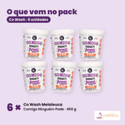 O que vem no pack: seis potes de Co Wash Melaleuca Comigo Ninguém Pode de 450 g, arrumados sobre fundo liso.