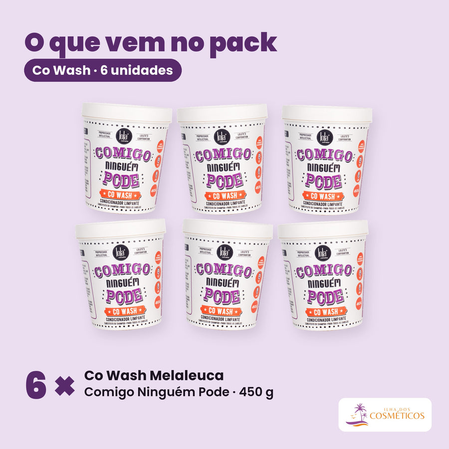 O que vem no pack: seis potes de Co Wash Melaleuca Comigo Ninguém Pode de 450 g, arrumados sobre fundo liso.