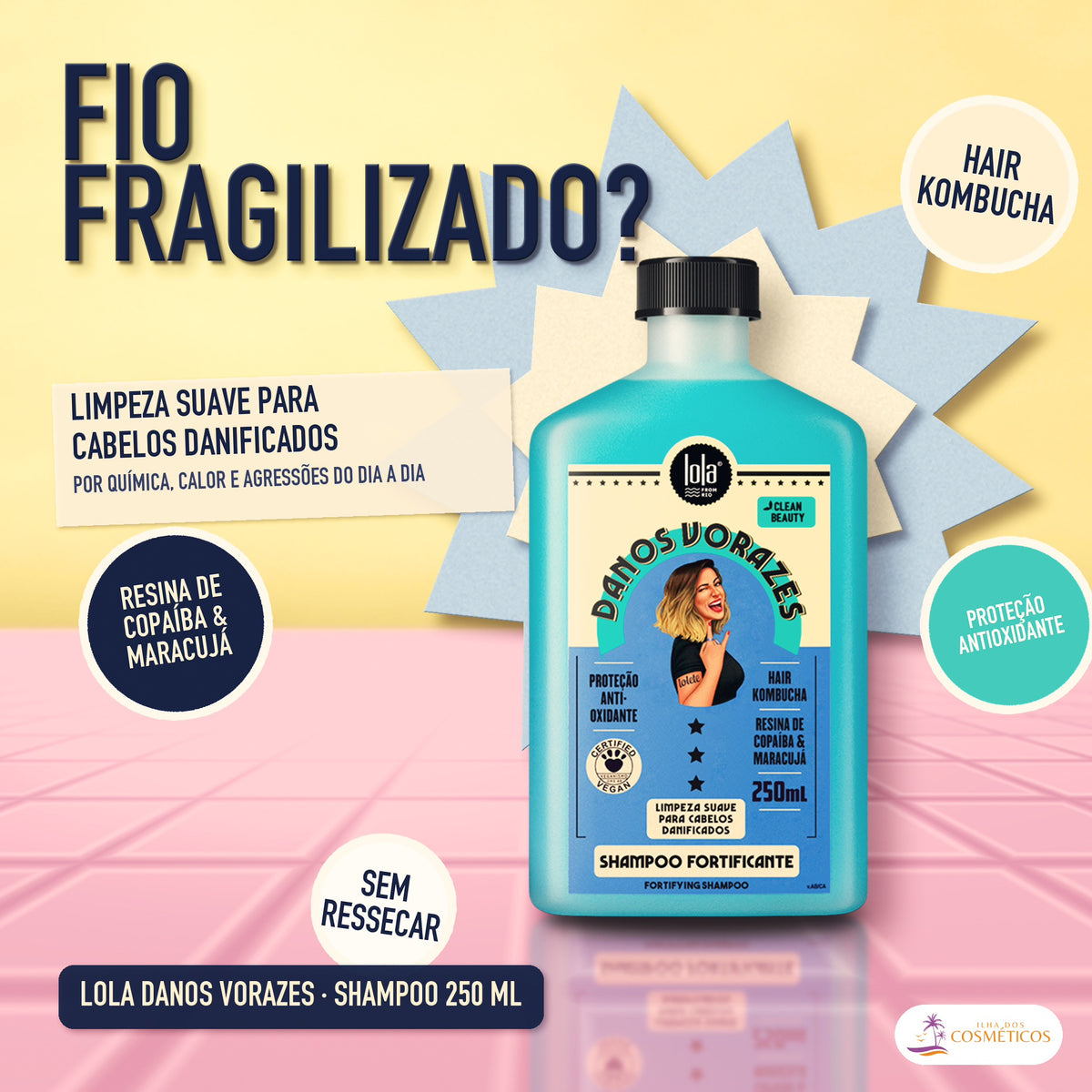 Shampoo Fortificante Danos Vorazes Lola: limpeza suave para o fio fragilizado, kombucha, copaíba e maracujá, proteção antioxidante