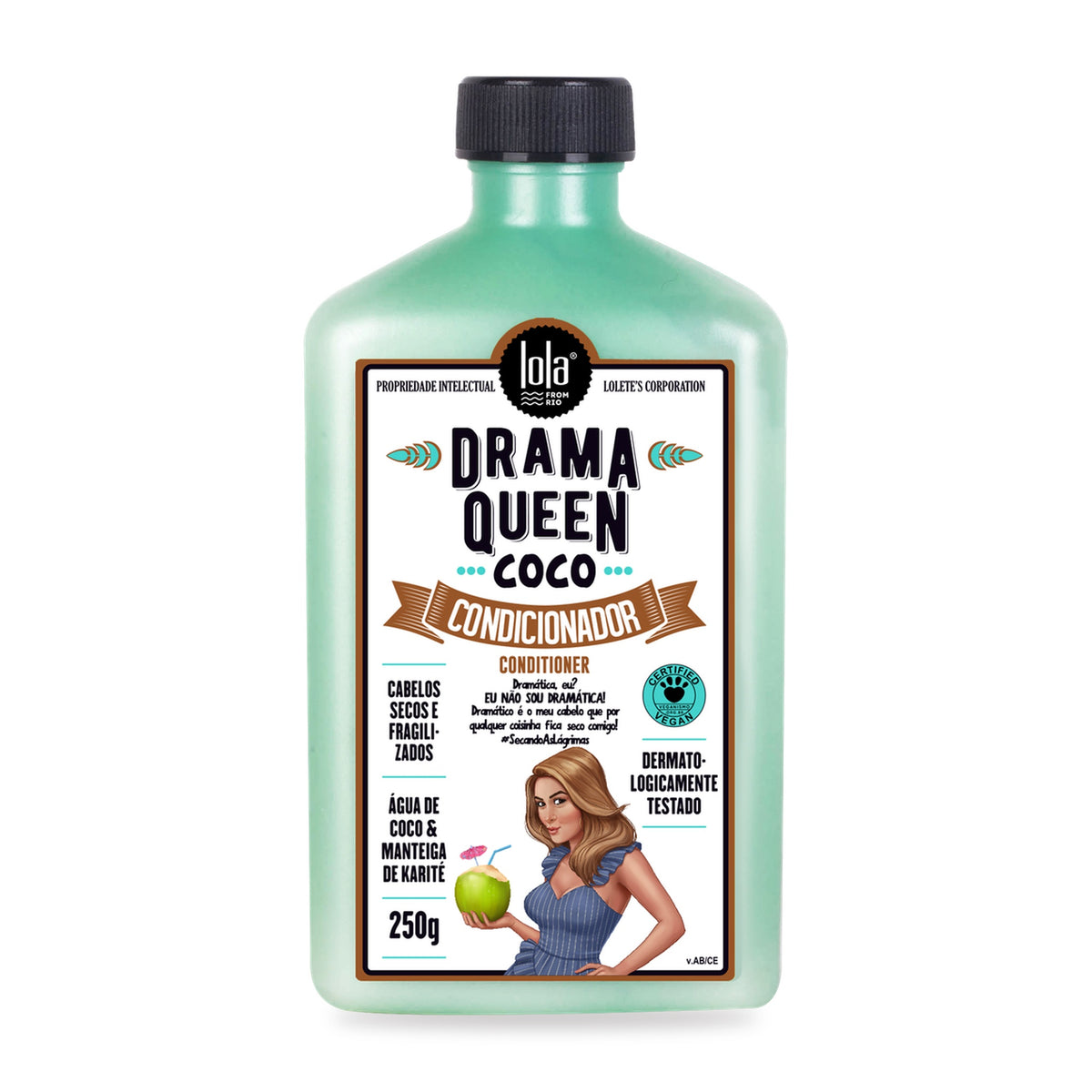 Condicionador Drama Queen Coco Lola Cabelo Seco: frasco de 250 g de frente, com o selo Certified Vegan