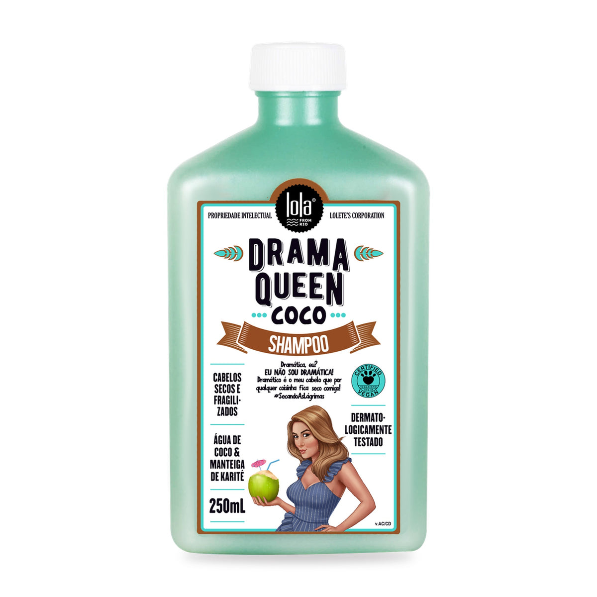 Shampoo Drama Queen Coco Lola Nutritivo Cabelo Seco: frasco de 250 ml de frente, com o selo Certified Vegan