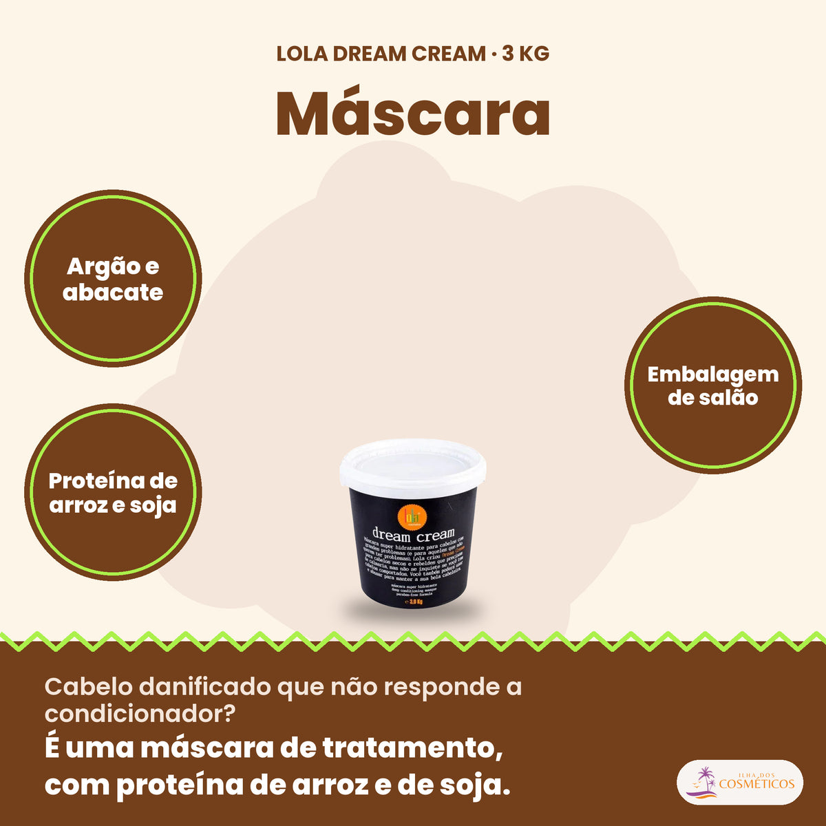Máscara Dream Cream Lola Super Hidratante Argão: argão e abacate, proteína de arroz e soja, embalagem de salão